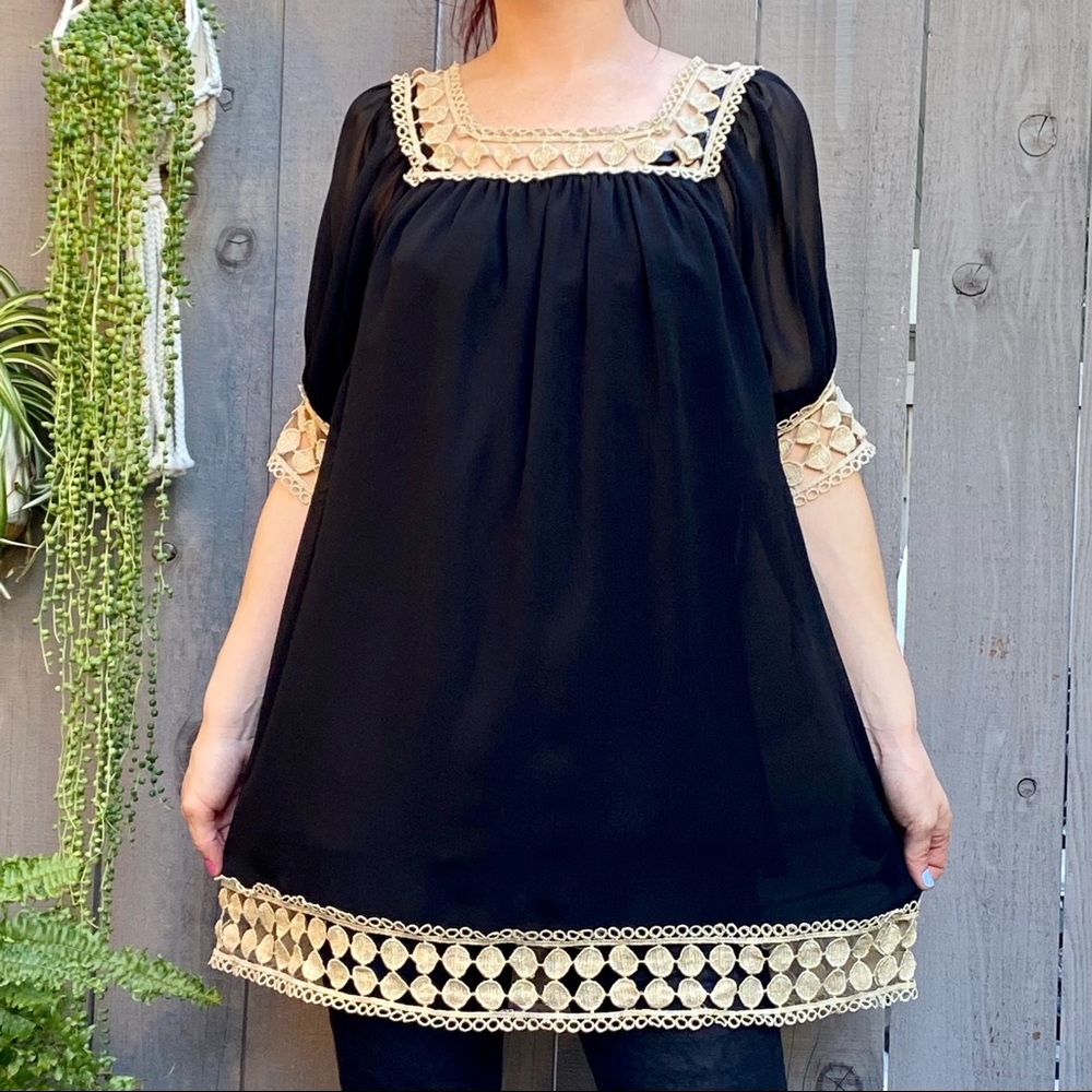 biz princess black sheer blouse with gold lace trim / size medium